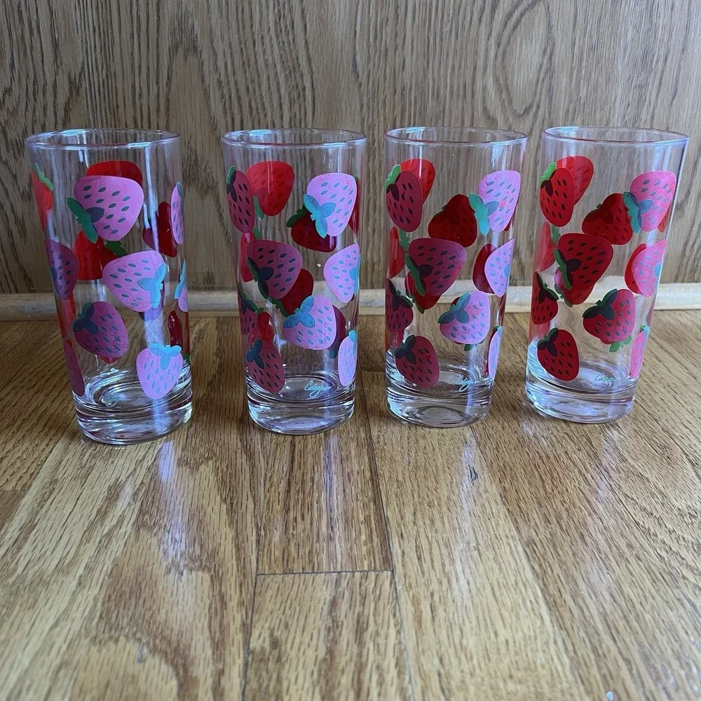 Vintage Colony‎ MCM Strawberry Print Drinking Glass Set of 4 Retro Fruit Tumbler